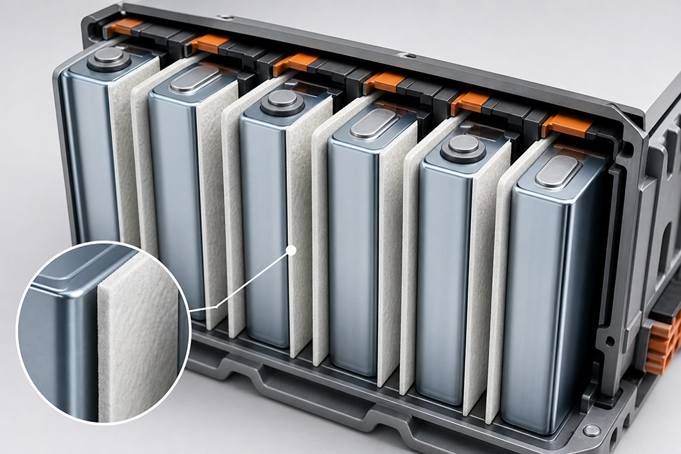 リチウムイオン電池の熱暴走を防ぐセル間断熱材｜延焼を抑える部材設計